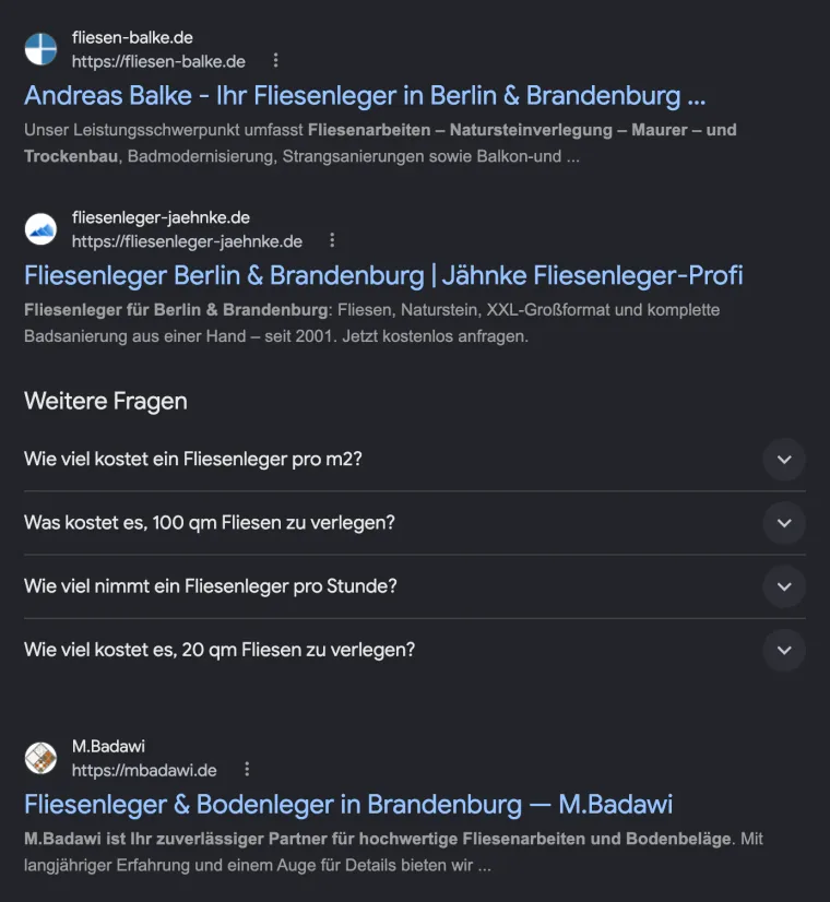 Google-Suche nach „fliesenleger berlin brandenburg“ am 20.10.2026: fliesenleger-jaehnke.de auf Platz 2 der organischen Treffer.