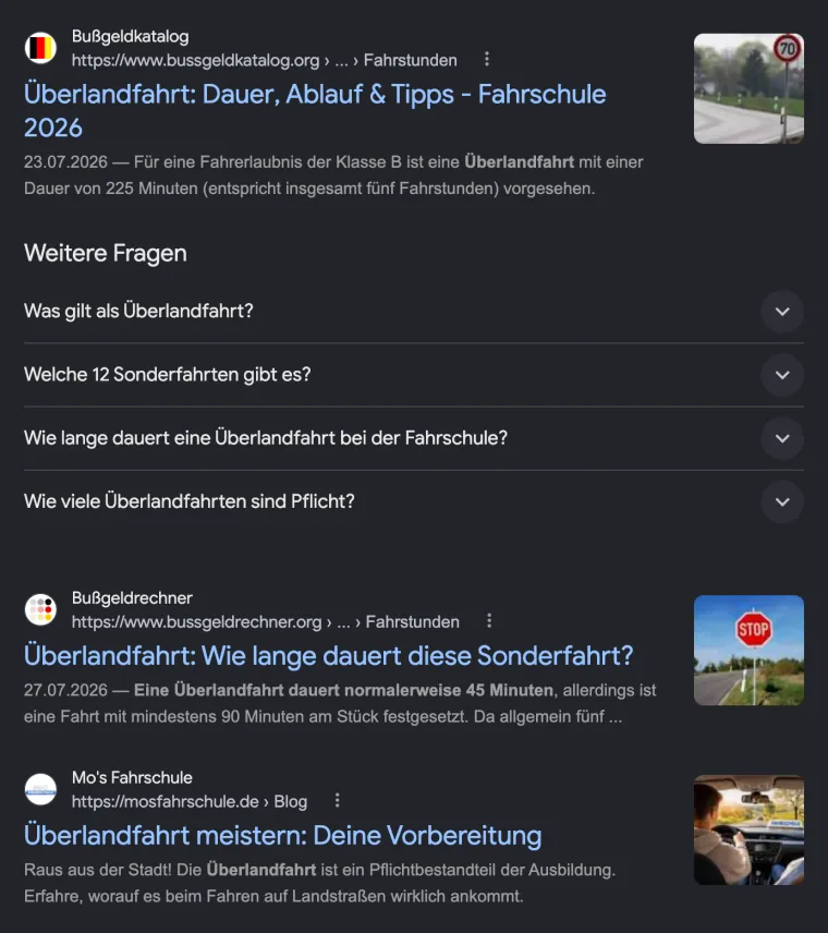 Google-Suche nach „überlandfahrt“ am 20.10.2026: mosfahrschule.de auf Platz 3 der organischen Treffer.