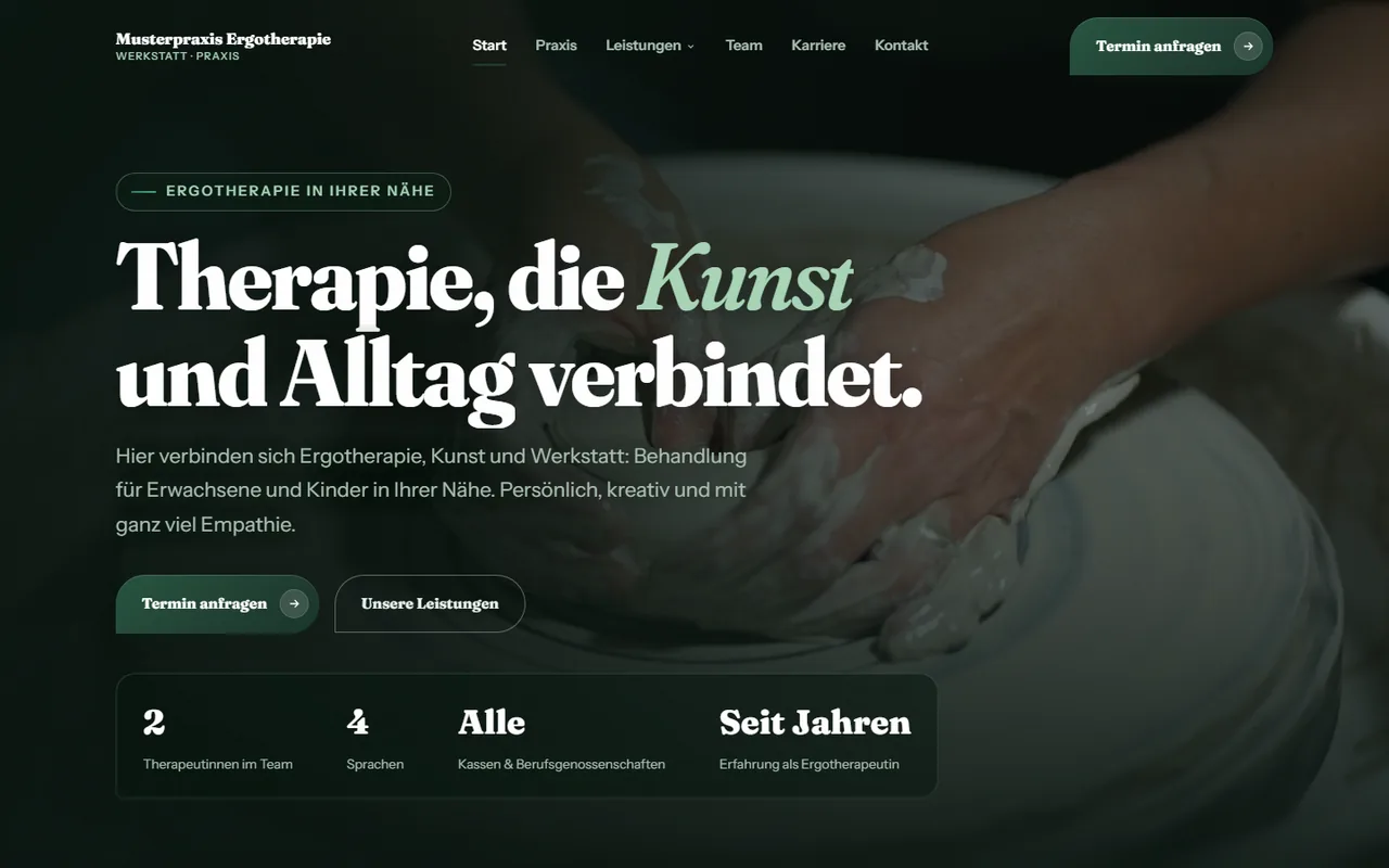 Designstudie Praxis für Ergotherapie: Startseite des Entwurfs, anonymisiert