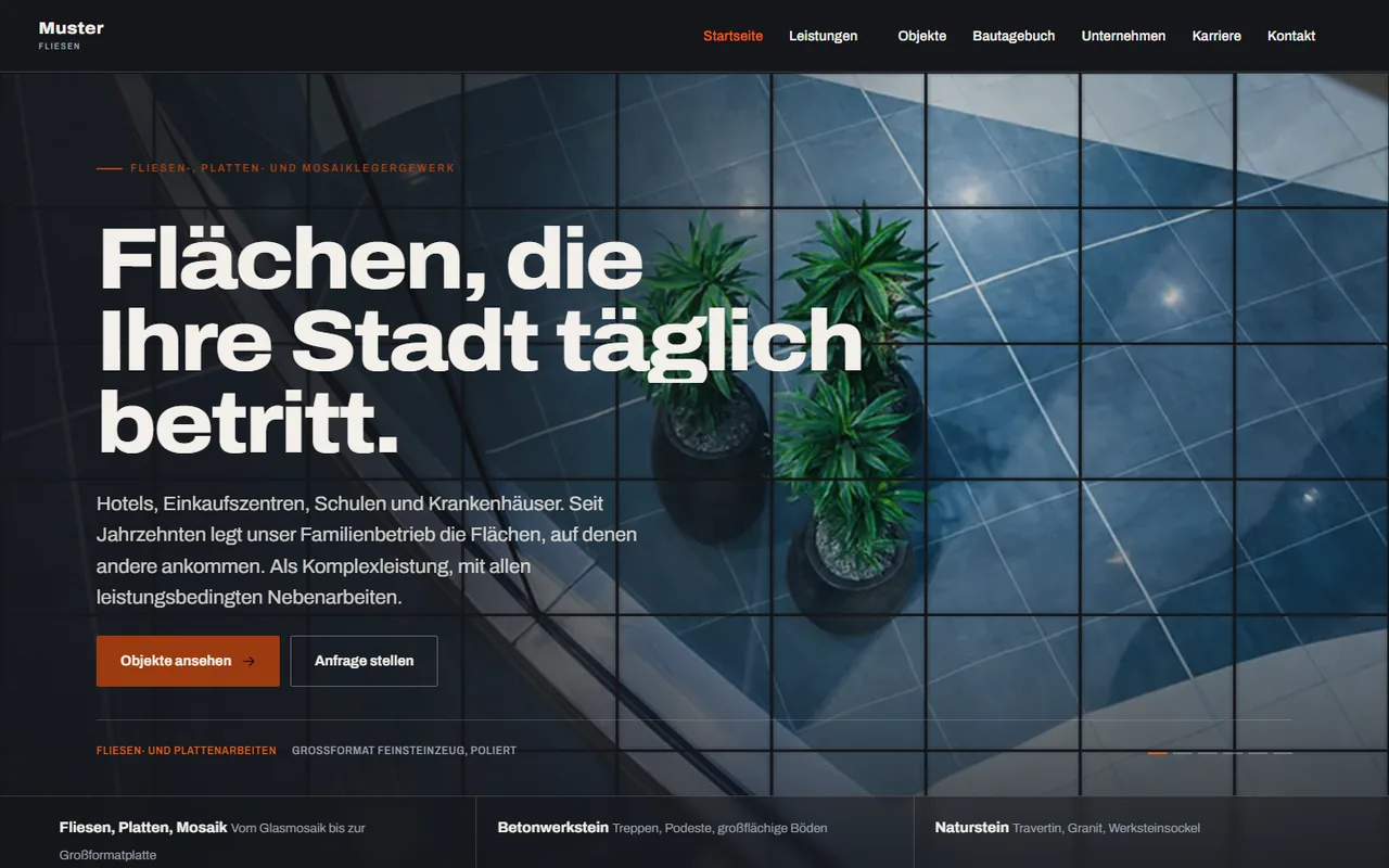 Designstudie Fliesenbetrieb für Objektbau: Startseite des Entwurfs, anonymisiert