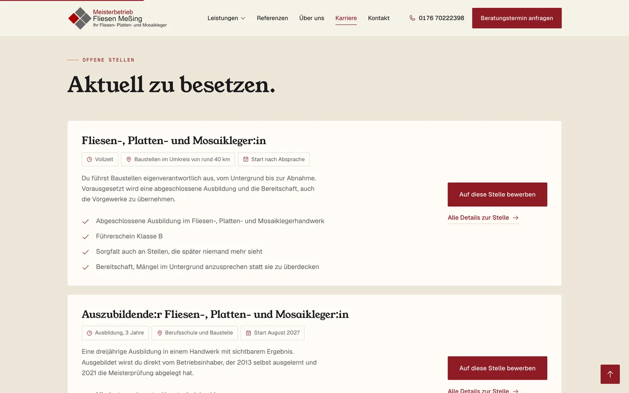 Fliesenleger-Meisterbetrieb – Karriereseite mit offenen Stellen