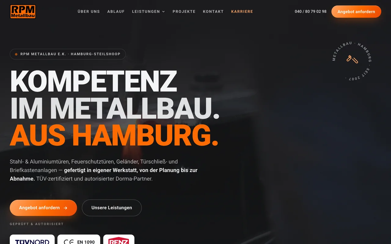 RPM Metallbau – Hero mit Video aus der eigenen Werkstatt