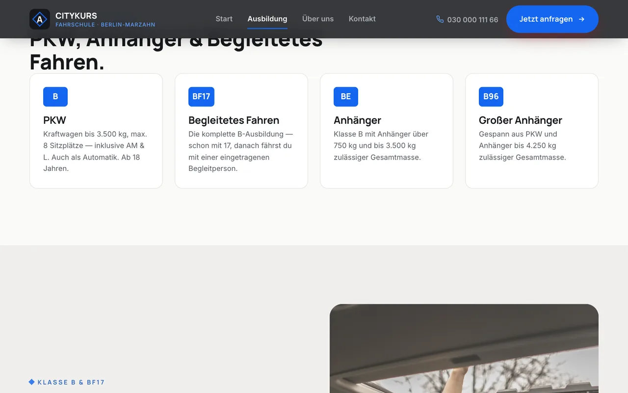 Design-Demo – Fahrschule, Ausbildungs-Übersicht