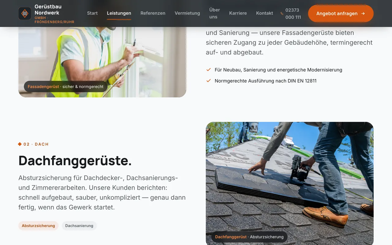 Design-Demo – Gerüstbau, Leistungs-Sektion
