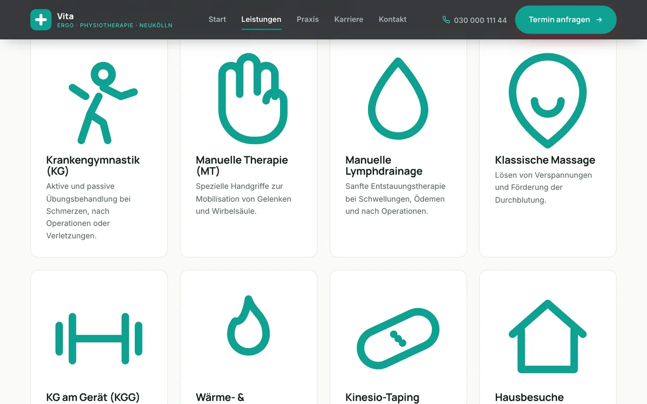 Design-Demo – Physiotherapie, Leistungs-Übersicht